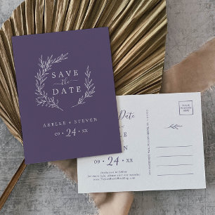 Minimal Leaf Plum Purple Save the Date Invitation Postcard