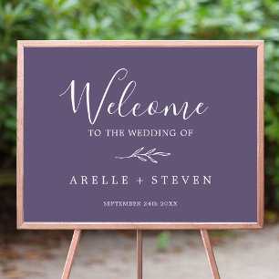 Minimal Leaf Plum Purple Wedding Welcome Poster