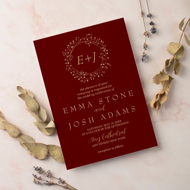 Minimal Leaf | Red Formal Monogram Wedding Invitation (Creator Uploaded)