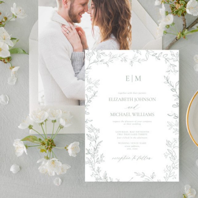 Minimal Leaf Sage Green Photo Monogram Wedding Invitation (Creator Uploaded)