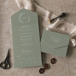Minimal Leaf   Sage Green Wedding All In One Invitation