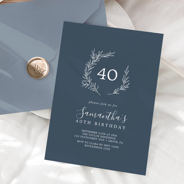Minimal Leaf | Slate Blue 40th Birthday Invitation (Creator Uploaded)