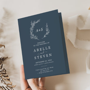 Minimal Leaf Slate Blue Folded Wedding Program