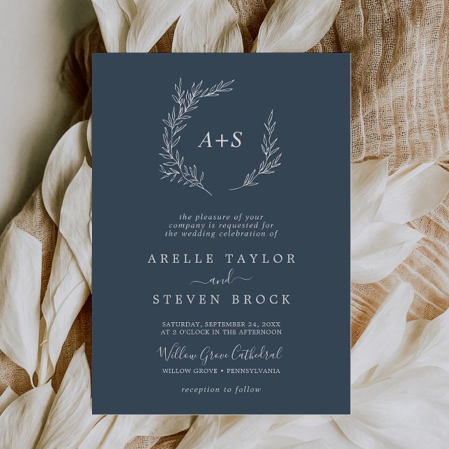 Minimal Leaf | Slate Blue Formal Monogram Wedding Invitation (Creator Uploaded)