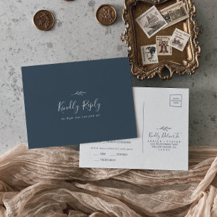 Minimal Leaf Slate Blue Menu Choice RSVP Postcard