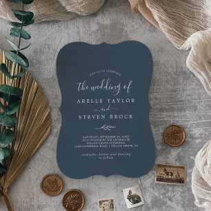 Minimal Leaf   Slate Blue Monogram Back Wedding Invitation