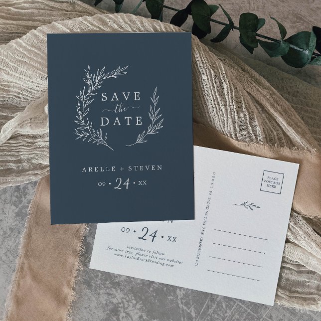 Minimal Leaf | Slate Blue Save the Date Invitation Postcard (Creator Uploaded)