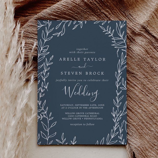 Minimal Leaf | Slate Blue Wedding Invitation (Creator Uploaded)