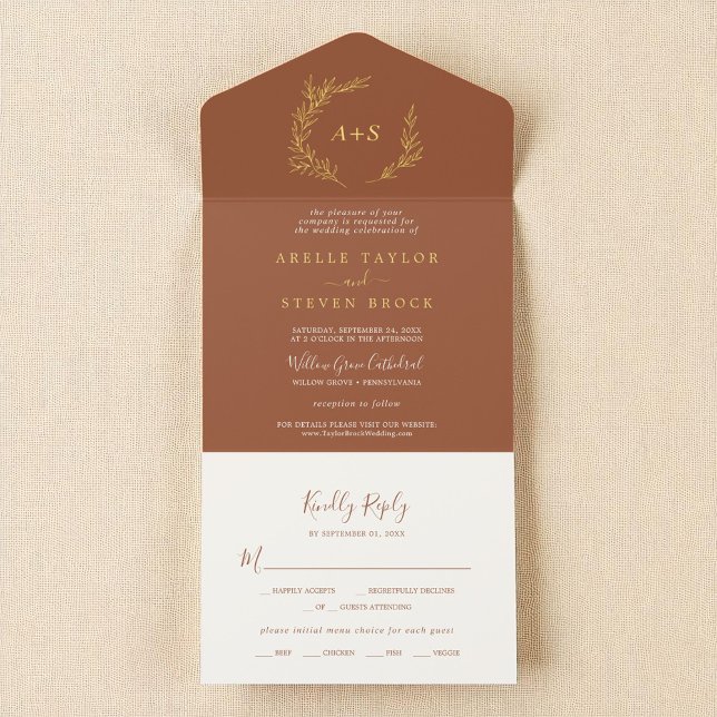 Minimal Leaf Terracotta and Gold Foil Boho Wedding All In One Invitation (Minimal Leaf Terracotta and Gold Foil Boho Wedding All In One Invitation)