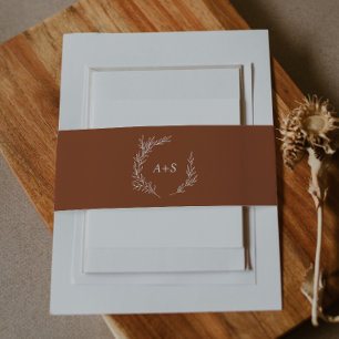 Minimal Leaf Terracotta Monogram Wedding Invitation Belly Band