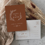 Minimal Leaf | Terracotta Save the Date Invitation Postcard<br><div class="desc">This minimal leaf terracotta save the date postcard is perfect for a boho wedding. The design features a simple greenery leaf silhouette in earthy burnt orange with minimalist desert bohemian style.</div>