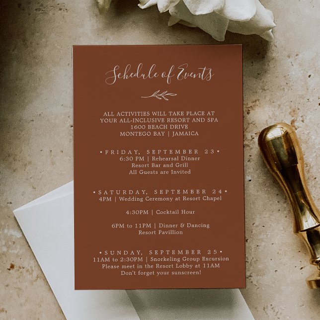 Minimal Leaf Terracotta Weekend Schedule of Events Enclosure Card (Creator Uploaded)