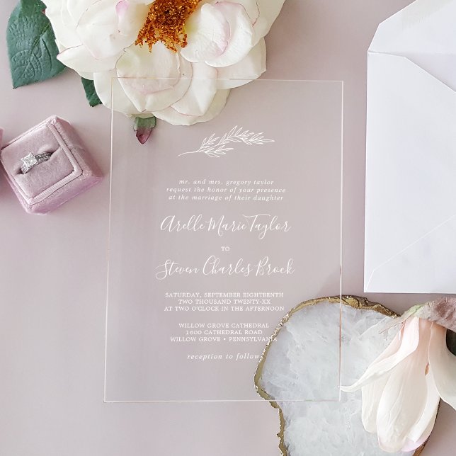 Minimal Leaf White Formal Simple Greenery Wedding Acrylic Invitations (Creator Uploaded)