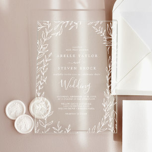 Minimal Leaf White Greenery Elegant Boho Wedding Acrylic Invitations
