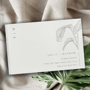 Minimal Leafy Palm Sketch Black White Wedding Guest Book
