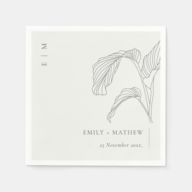 Minimal Leafy Palm Sketch Black White Wedding Napkin (Front)