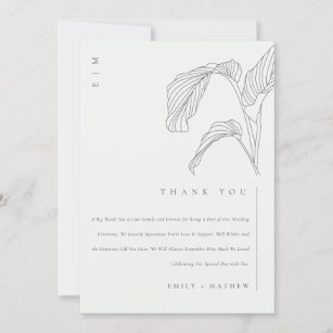 Minimal Leafy Palm Sketch Black White Wedding Thank You Card