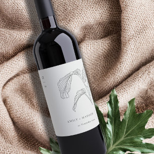 Minimal Leafy Palm Sketch Black White Wedding Wine Label