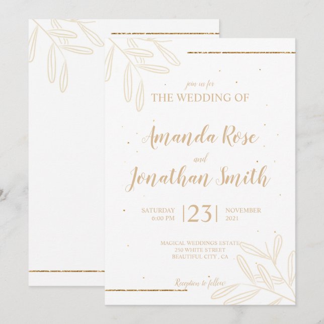 Minimal leaves and glitter invitation (Front/Back)