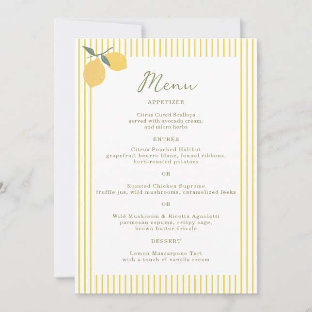 Minimal Lemon Amalfi Coast 5x7 Wedding Menu Card (Front)