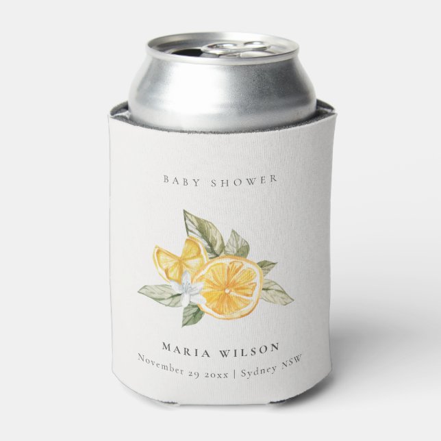 Minimal Lemon Botanical Leafy Boho Baby Shower Can Cooler (Can Front)