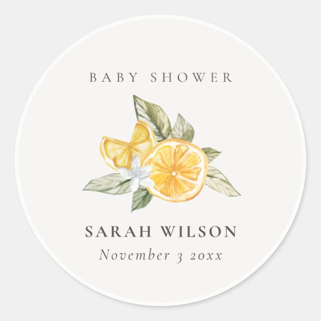 Minimal Lemon Botanical Leafy Boho Baby Shower Classic Round Sticker (Front)