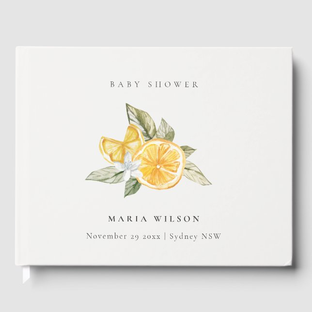 Minimal Lemon Botanical Leafy Boho Baby Shower Guest Book (Front)
