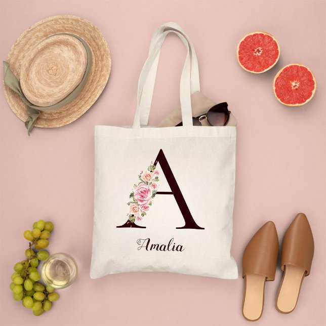 Minimal Letter A Blush Floral Personalized Gift Tote Bag (Creator Uploaded)