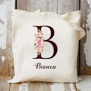 Minimal Letter B Blush Floral Personalized Gift Tote Bag