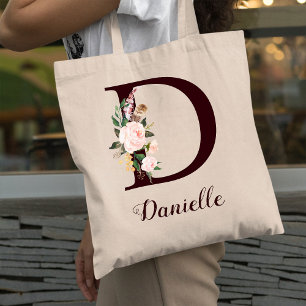 Minimal Letter D Blush Floral Personalized Gift Tote Bag