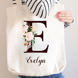 Minimal Letter E Blush Floral Personalized Gift Tote Bag