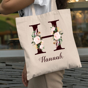 Minimal Letter H Blush Floral Personalized Gift Tote Bag