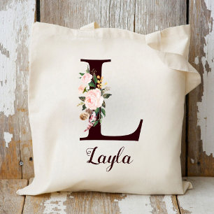Minimal Letter L Blush Floral Personalized Gift Tote Bag