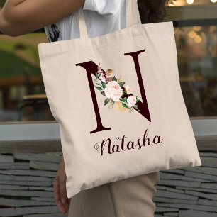 Minimal Letter N Blush Floral Personalized Gift Tote Bag