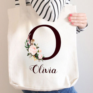 Minimal Letter O Blush Floral Personalized Gift Tote Bag