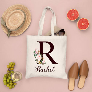 Minimal Letter R Blush Floral Personalized Gift Tote Bag