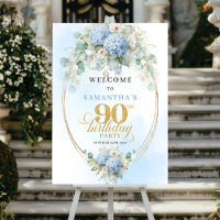 Minimal Light Blue Floral 90th Birthday Welcome
