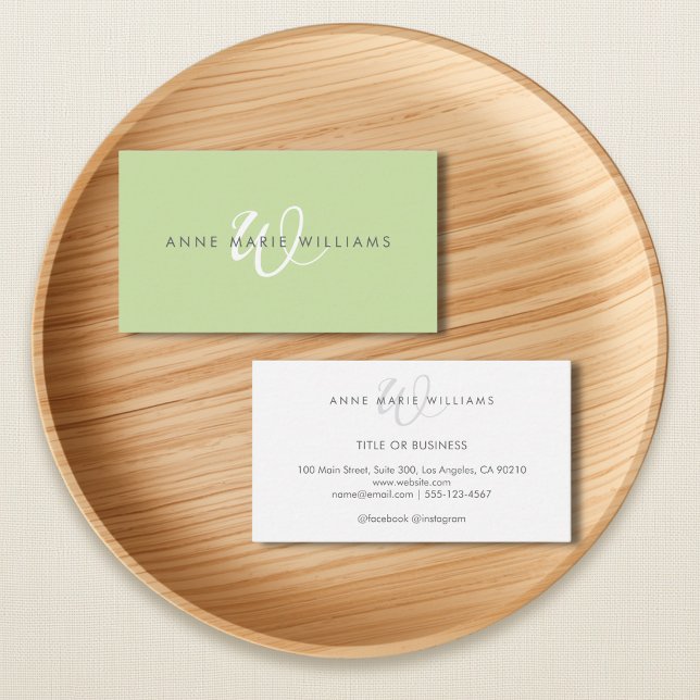 Minimal Light Green White Script Monogram Business Card (Creator Uploaded)