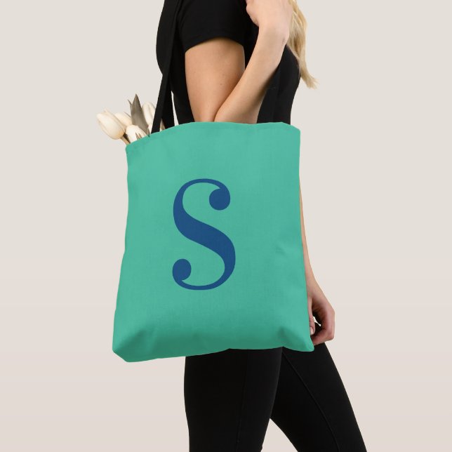 Minimal Light Green with Large Navy Blue Monogram Tote Bag (Close Up)