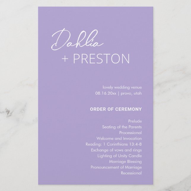 Minimal Lilac Modern Wedding Program (Front)