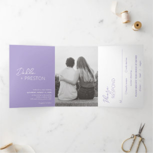 Minimal Lilac Photo Modern Wedding Tri-Fold Invitation