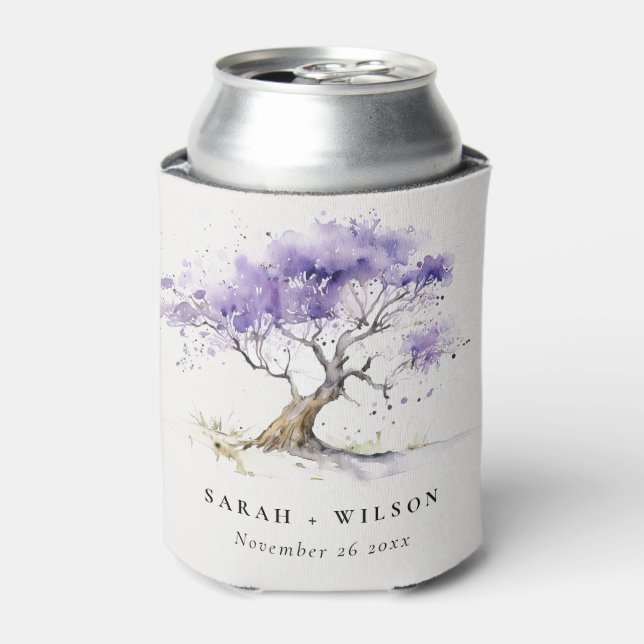 Minimal Lilac Watercolor Jacaranda Tree Wedding Can Cooler (Can Front)