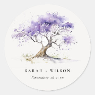 Minimal Lilac Watercolor Jacaranda Tree Wedding Classic Round Sticker