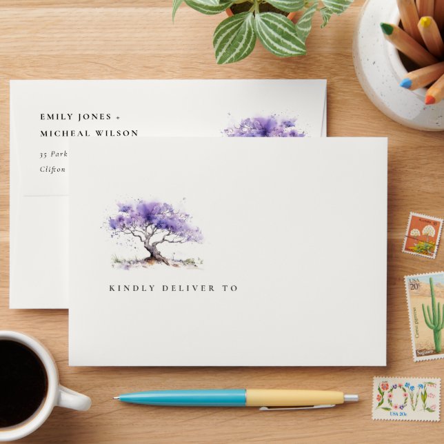 Minimal Lilac Watercolor Jacaranda Tree Wedding Envelope (Desk)