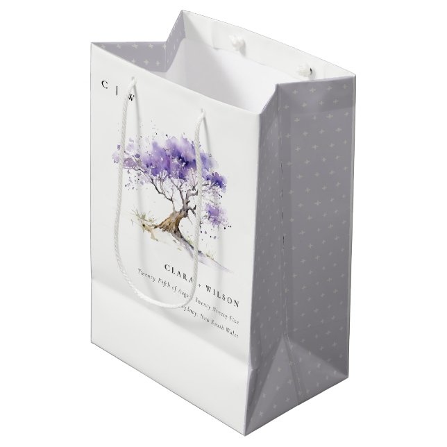 Minimal Lilac Watercolor Jacaranda Tree Wedding Medium Gift Bag (Front Angled)