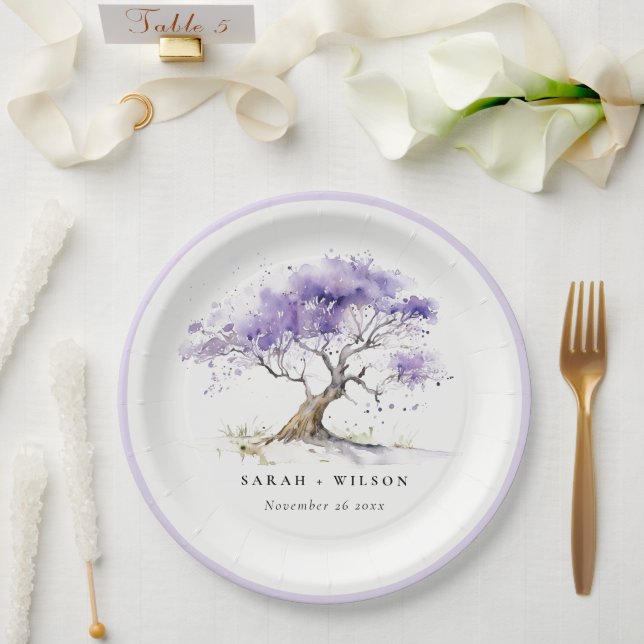 Minimal Lilac Watercolor Jacaranda Tree Wedding Paper Plate (Wedding)