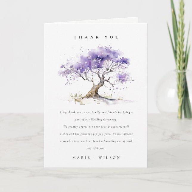 Minimal Lilac Watercolor Jacaranda Tree Wedding Thank You Card (Front)