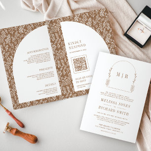 Minimal Line Art Leaf Arch Beige Wedding Invitation