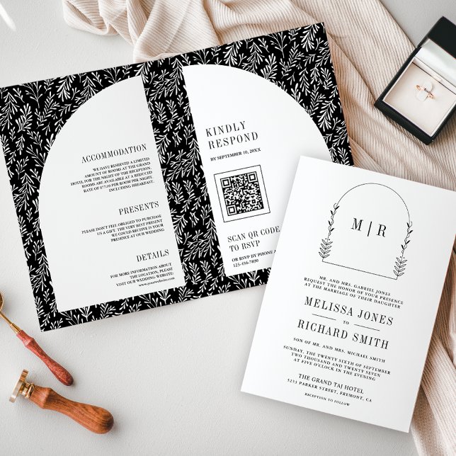 Minimal Line Art Leaf Arch Black and White Wedding Invitation (Creator Uploaded)