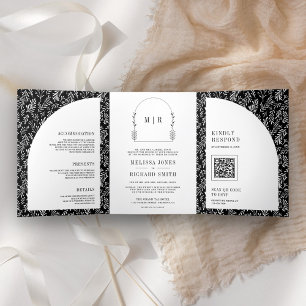 Minimal Line Art Leaf Arch Black and White Wedding Tri-Fold Invitation